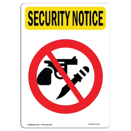 Signmission OSHA Security Sign, 5" Height, No Weapons With Symbol, Portrait, 10PK OS-SN-D-35-V-11781-10PK